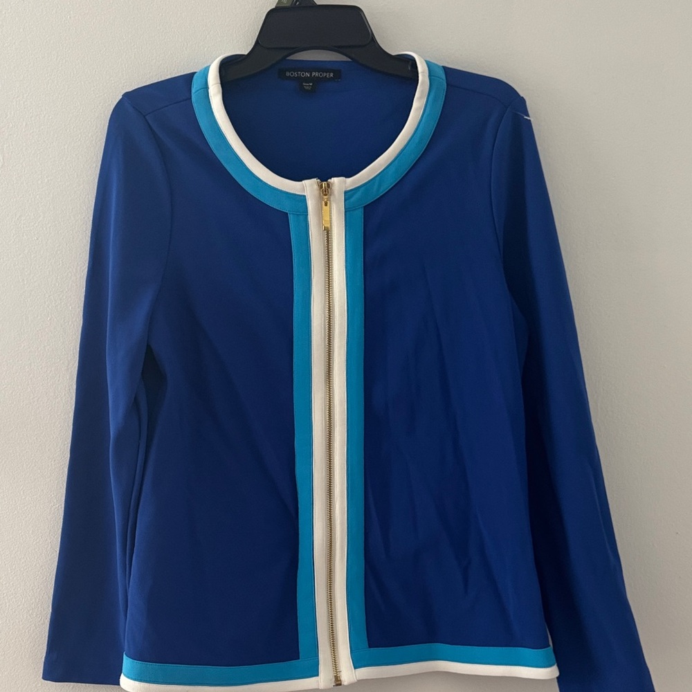 Boston Proper Blue Zip-Front Jacket with Turquoise & White Trim